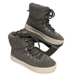 Marc Fisher Ankle Boots Women 6 M Faux Fur Trim Suede Lace Up Gray White Band 6M